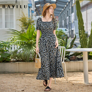 LZJV芭依璐2025夏季新款碎花連衣裙法式浪漫優(yōu)雅收腰顯瘦設計中長(cháng)裙女 暗夜花卉 S