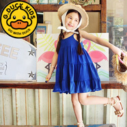 G.duck女童純棉連衣裙兒童夏裝新款露背吊帶背心裙子寶寶海邊度假公主裙 藍色 (吊帶裙子) 160 建議150-160cm10-12歲