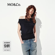MO&Co.上衣2025夏新品彈力天絲醋酸捏褶垂墜斜肩露肩斜裁T恤MBE2TEE021 黑色 L /170