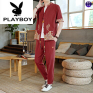 花花公子（PLAYBOY）純棉男套裝夏季短袖中國風(fēng)休閑復(fù)古大碼開衫兩件套潮流男士唐.裝 酒紅色【高品質(zhì)】 XL