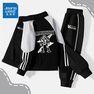 真維斯男童套裝2025秋季新款中大童撞色運動(dòng)開(kāi)衫外套男孩春秋戶(hù)外休閑褲 黑/星甲戰士+J戰士字母K 130