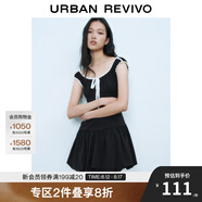 UR2025春季新款女裝撞色蕾絲飄帶U領(lǐng)無袖修身連衣裙UYY750014 黑色 (偏短) L