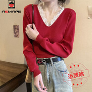 AEMAPE設計感蕾絲邊拼接v領(lǐng)針織打底衫女春秋寬松洋氣長(cháng)袖內搭別致上衣 紅色 M _(建議95-110斤)