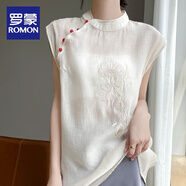 羅蒙（ROMON）中式國風盤扣無袖夏季女士新款襯衫上衣繡花歐根紗真絲短袖 米白色 L 100-120