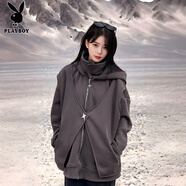 花花公子（PLAYBOY）假兩件蝙蝠連帽衛衣男款秋冬美式高街廓形開(kāi)衫拼接立領(lǐng)情侶外套女 深灰色 M 95至115斤可穿