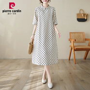 皮爾卡丹（pierre cardin）棉麻波點(diǎn)印花連衣裙女2025夏季新款大碼遮肚a字裙亞麻中長款裙子 圖片色 M 參考100斤以下