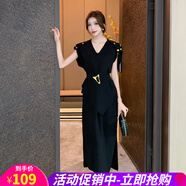 歐貝汐黑色V領(lǐng)顯氣質(zhì)不規(guī)則連衣裙氣場全開輕熟風(fēng)范小黑裙 黑色 XL