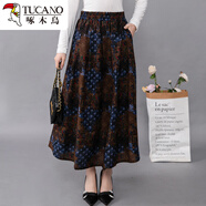 啄木鳥(niǎo)棉麻碎花半身裙女士夏季春夏秋2025年新款高腰百褶垂感大擺中長(cháng)裙 藍咖波浪紋 均碼 建議85-158斤