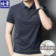 CPY培蒙100全棉爸爸夏季短袖條紋t恤中年男士夏裝polo衫純棉上衣半t 上青pm6017 均碼