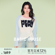 Basic House/百家好美式字母提花針織衫春季撞色插肩袖不規(guī)則上衣 藍(lán)色 L