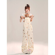 FSHE牛仔褲女背帶春秋夏新款小個(gè)子白色可愛(ài)寬松不貼腿直筒闊腿牛仔褲 杏色小狗 S