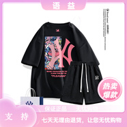 珂梵圖it.new聯(lián)名品牌男士T恤夏季新款短袖體恤衫寬松時尚印花上衣圓領(lǐng) 黑色+黑色短褲 S 均碼