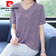 皮爾卡丹（pierre cardin）中年媽m媽2025夏季短袖T恤寬松冰絲新款大碼針織衫夏裝薄款空調T 磚紅色今年流行的輕奢品牌 M 建議90-110斤