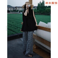 賓疆夏日超火微胖mm穿搭韓系黑色寬松無袖背心搭配寬松花紋闊腿褲套裝 兩件套裝 【好品質(zhì)-無憂購】 3XL