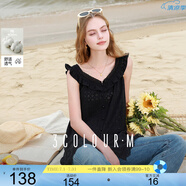 三彩2025夏季新款純棉繡花小衫鏤空荷葉邊無(wú)袖上衣套頭衫M