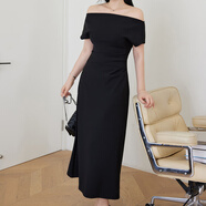 蠻丂一字肩短袖連衣裙女2025秋季新款氣質(zhì)高級感法式長(cháng)裙子 斜肩連衣裙黑色長(cháng)款XL(115-125)