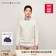 TOMMY HILFIGER【柔軟純棉】25秋冬男撞色條紋學(xué)院風(fēng)針織衫/情侶款純色毛衣 【簡(jiǎn)約合身毛衣】米白色AWD 2XL （推薦：180-200斤）