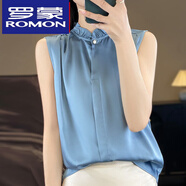 羅蒙（ROMON）絲綢真絲春夏季女裝新款緞面木耳邊圓領(lǐng)暗扣無(wú)袖襯衫純色上衣T恤 豆藍色 M