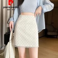 皮爾卡丹（pierre cardin）官方品牌高端蕾絲花邊拼接波點半身裙女高腰包臀a字裙防走光短裙 白色 S