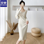 羅蒙（ROMON）品牌法式白色針織毛衣連衣裙女秋冬內搭小媽修身打底包臀長(cháng)裙子 杏色【新年戰袍/圣誕/訂婚/禮服/冬天裙子/內搭/ S