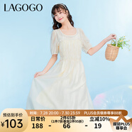 lagogo拉谷谷米色氣質(zhì)U型領(lǐng)甜美泡泡袖夏季新款小眾設(shè)計(jì)連衣裙女 米色（T2） L 165/40