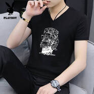 花花公子（PLAYBOY）親膚絲滑男士短袖t恤夏季半截袖新款潮牌修身V領(lǐng)半袖純.棉體恤上 1211黑色 XL 125-135