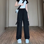 以純YISHION粉色工裝褲女春夏2024新款高腰顯瘦垂感闊腿窄版休閑美式速干運(yùn)動 黑色高質(zhì)量 L