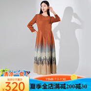 SHXI三宅褶皺歐美女裝新款長(zhǎng)袖印花連衣裙長(zhǎng)款A(yù)字裙子女 橙紅色 均碼