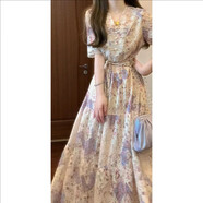 法式浪漫彩色提花蕾絲拼接V領(lǐng)連衣裙收腰抽繩氣質(zhì)長(cháng)裙9421 圖片色 L