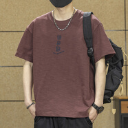 依郎酷高端230g重磅竹節棉短袖t恤男2025夏季新款美式寬松大碼體恤上衣 棗紅色 M 【適合100-130斤】