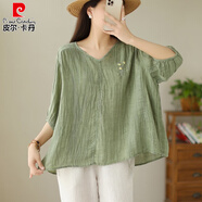 皮爾卡丹（pierre cardin）棉麻苧麻刺繡t恤女士2025夏季新款寬松大碼媽媽薄款亞麻上衣 復(fù)古綠 【媽媽裝夏款/夏天衣服/ XL 【150-200斤】