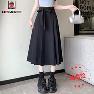 AEMAPE2025夏新款高腰系帶百褶氣質(zhì)半身裙女新中式國風(fēng)中長款顯瘦A字裙 黑色 M