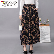 啄木鳥(niǎo)棉麻碎花半身裙女士夏季春夏秋2025年新款高腰百褶垂感大擺中長(cháng)裙 黑底玫瑰 均碼 建議85-158斤