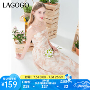 lagogo溫柔氣質(zhì)褶皺吊帶裙女拉谷谷夏新款茶歇水墨印花A字連衣裙 混色(Y0) M