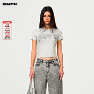 SMFK金屬搖滾修身Tee短袖t恤歐美字母印花短款上衣女DT010B2/W2/LG2 塵?；?XS