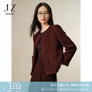 玖姿·安娜蔻新中式國風(fēng)氣質(zhì)通勤圓領(lǐng)圈圈毛短大衣女2024冬款 紅咖 M