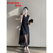 蔻伊婭（Kouyiya）品牌女裝網(wǎng)紗拼接V領(lǐng)無(wú)袖連衣裙女夏季新款法式高級感收腰長(cháng)裙子 黑色 M