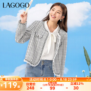 lagogo圓領(lǐng)小香風(fēng)拼接格紋短外套女拉谷谷春季新款木耳邊設(shè)計(jì)上衣 混色（Y0） S 155/36