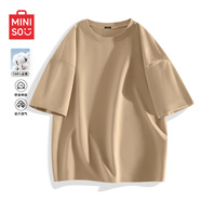 名創(chuàng  )優(yōu)品（MINISO）純棉中袖男2026夏季簡(jiǎn)約百搭寬松潮多巴胺色系純色短袖T恤男大碼 【100%純棉】卡其(純色) XL 180 (不易起球掉色)