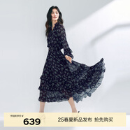 伊芙麗（eifini）【經(jīng)典延續(xù)】伊芙麗波點系帶木耳領(lǐng)蛋糕下擺百搭仙女連衣裙小黑裙 深藏青 M 105-120斤
