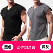 簡(jiǎn)束（JOONSVIP）無(wú)袖T恤男反穿寬松運動(dòng)健身V領(lǐng)毛邊前短后長(cháng)純色棉質(zhì)男士寬肩背心 黑色+深灰色 （兩件組合裝） XL /68-78kg左右