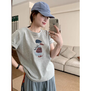 棉致韓系簡(jiǎn)約純棉印花短袖t恤女夏季2025新款潮流寬松顯瘦百搭半袖 24093淺灰色【高品質(zhì)19.5】 L 120-140斤