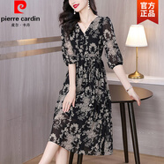 皮爾卡丹（PIERRE CARDIN）七分袖碎花雪紡連衣裙女媽媽夏裝大碼遮肚子顯瘦氣質(zhì)時(shí)尚洋氣裙子 黑色 M