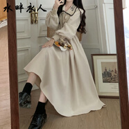 水畔衣人高檔秋冬新款大碼法式感刺繡翻領(lǐng)收腰顯瘦針織拼接燈芯絨連衣裙女 杏色 L 【100~115斤】