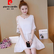 皮爾卡丹（pierre cardin）官方品牌雪紡連衣裙韓版加大碼寬松顯瘦胖MM中長(cháng)款氣質(zhì)淑女假兩件 白色 S 80-95斤