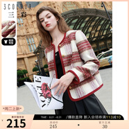 三彩女裝2024冬季新款香風(fēng)毛呢大衣圓領(lǐng)短款復古格紋外套寬松女 紅咖啡 XL 170/92A