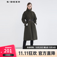 S.DEER圣迪奧女裝休閑立領收腰H型毛呢長款大衣S21481823 暗綠/05 S 160