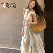 啄木鳥（TUCANO）海邊度假藍色掛脖吊帶連衣裙子女夏季新款無袖收腰大裙擺沙灘長裙 【淺杏掛脖版】 XL 60/65kg