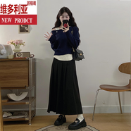 維多利亞的格調(diào)微胖韓系感套裝秋季2025新款絕美漂亮早秋女裝穿搭裙子兩件套 深藍(lán)上衣+毛呢半身裙【微胖重要 XL 【建議120-140斤】
