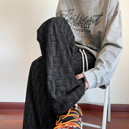 VUUG格紋美式潮牌男秋季寬松大碼休閑褲男生青年褲子 XL 黑色（長(zhǎng)褲）